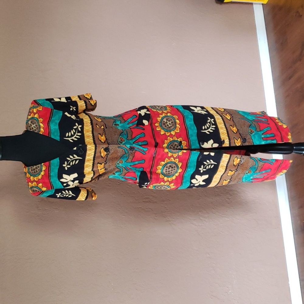 Vintage Tribal Print Midi Dress with Shoulder Pads Small
